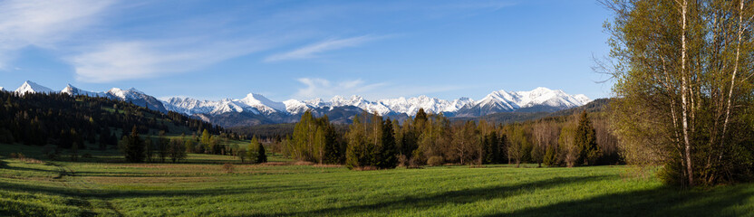 Fototapeta na wymiar A beautiful panorama of the entire range of the Tatra Mountains. View in the morning. Poland