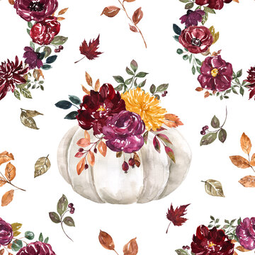 Beautiful Pastel Pumpkin Arrangement And Jewel Toned Flowers Seamless Pattern. Autumn Botanical Print With White Background. Watercolor Painting. Thanksgiving Themed Designer Paper.