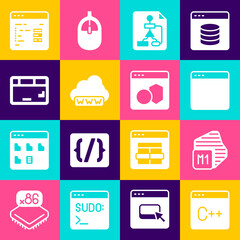 Set Software, Processor, Browser window, Flowchart, Web development, Keyboard, and icon. Vector