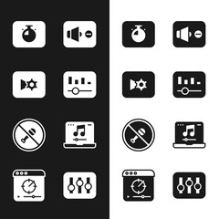 Set Music equalizer, or video settings, Stopwatch, Speaker mute, Mute microphone, Laptop with music, Sound mixer controller and Online play icon. Vector