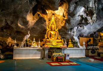 Wat tham Pu Wa temple in the cave in Kanchanaburi, Thailand