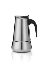Detail shot of moka pot made in laconic classic style. Stainless steel coffee maker is isolated on the white background.