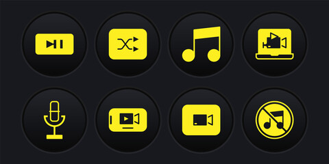 Set Microphone, Online play video, Play button, Music note, tone, Arrow shuffle, Speaker mute and Pause icon. Vector