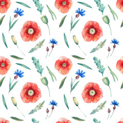 Seamless watercolor pattern with red poppies and cornflowers