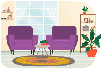 Living room interior with two colorful armchairs, plants and bookshelf for relaxing and podcasting. Living room interior design with furniture and decorations. Arrangement of furniture in apartment
