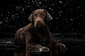 Portrait of chocolate color big Labrador dog in water splashes and drops posing isolated over dark background. Beauty and grace