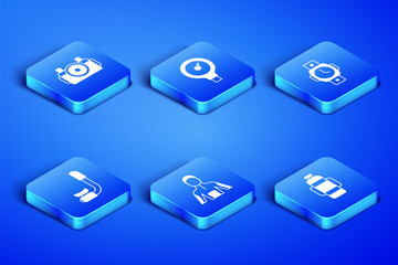 Set Aqualung, Photo camera for diver, Wetsuit scuba diving, Snorkel, Gauge scale and Diving watch icon. Vector