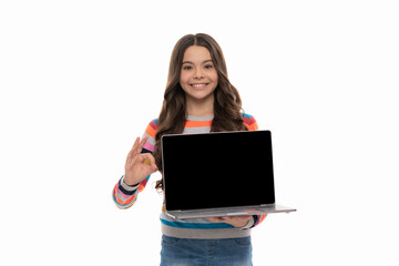 kid ready for video lesson. teen girl with laptop. online education. back to school