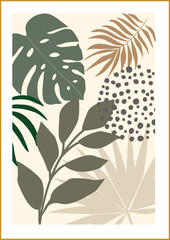 Fantastic collage of tropical leaves, various decorative objects and spots, vector