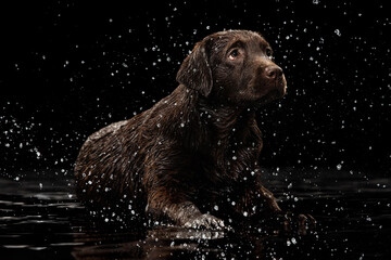 Portrait of chocolate color big Labrador dog in water splashes and drops posing isolated over dark background. Beauty and grace