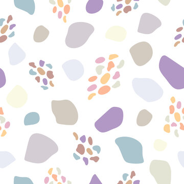 Doodle colorful shapes of different size on a white background. Seamless minimal abstract pattern. Suitable for packaging, cover, prints. © Yana