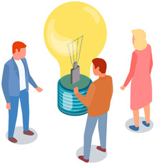 People near idea symbol in form of lightbulb. Colleagues communicate and discuss startup. Men and woman look at big light bulb, symbol of business idea. Planning startup, new project concept