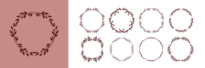 Set of floral frames. Vintage plants wreaths with leaves, branches, flowers. Laurel wreaths. Decorative doodle elements for design. Vector illustration isolated on white background