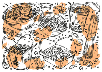 Hand-drawn line vector illustration on white board. Sketches of food. Doodle types of noodles: soba, funchose, udon, ramen, wok, pasta, ingredients