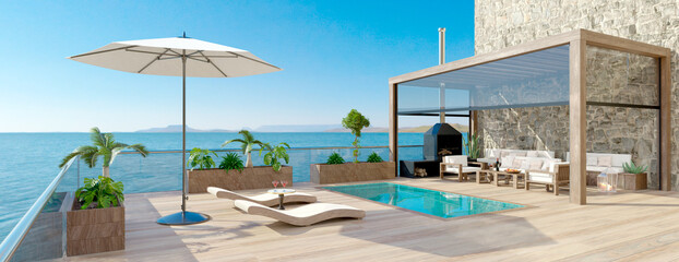 3D panoramic render of luxury wooden deck with sea view.