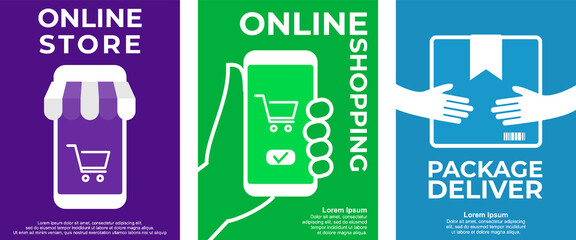 Online Shop Store Package Deliver. Set of 3 simple Background Vector Illustration Flat Style. Suitable for poster, cover, web, social banner, or flyer