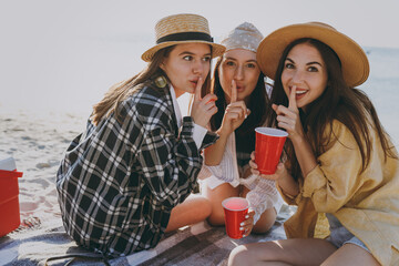 Secret friend young women wear straw hat summer clothes have picnic hang out together drink liguor hold glasses say shhh be quit gossip outdoor on sea beach background People vacation journey concept