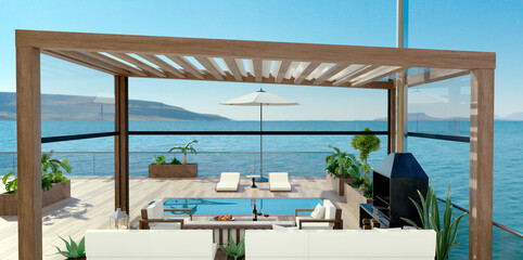 3D render detail of luxury patio with sea view and swimming pool.