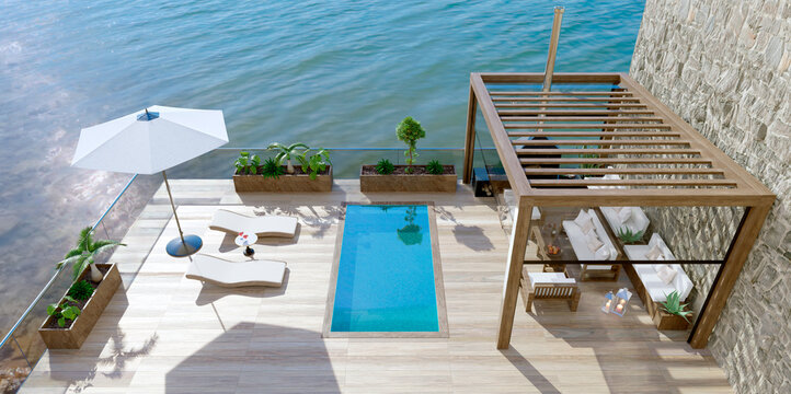 3d render Top view of luxury patio with lake view and swimming pool.