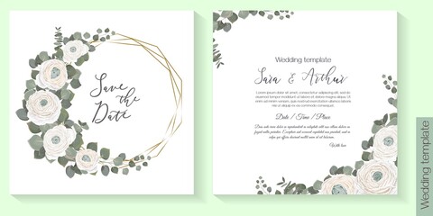 Vector floral frame for a postcard. White ranunculus, eucalyptus, green plants and leaves, gold sequins.