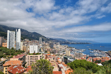 Naklejka na ściany i meble Monaco Port Hercules and Monte Carlo scenic landmark cityscape view.