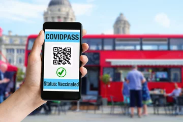 Plexiglas foto achterwand Hand met mobiele telefoon met covidpass op scherm en rode bus in Londen © Daniel Ernst