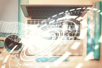 Multi exposure of data theme drawing hologram over topview work desk background with computer. Concept of technology.