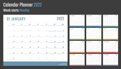 2022 year calendar, calendar design for 2022 starts monday
