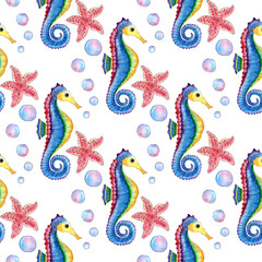 Watercolor illustration pattern of blue seahorse starfish and bubbles. Seamless repeating print of marine life. Ocean dwellers. Isolated over white background. Drawn by hand.