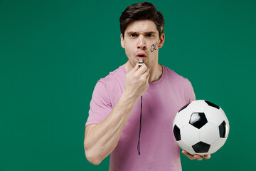 Young crazy man fan wear basic pink t-shirt cheer up support football sport team hold in hand...