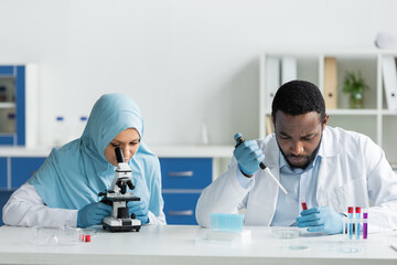 Muslim and african american scientists researching samples in test tubes with microscope