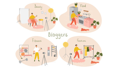 Set of male bloggers and vloggers characters making internet content. Men creating video for their blog channel. Influencers shooting vlog. Vector cartoon illustration