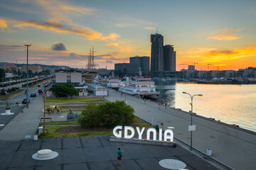Aerial landscape of the harbor in Gdynia with modern architecture at sunset. Poland
