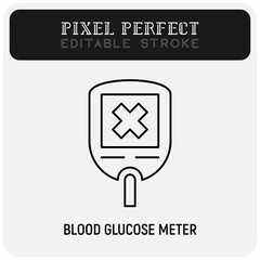 Blood glucose meter with negative result on screen. Glucometer with cross. High level of sugar. Medical device for diabetes. Pixel perfect, editable stroke. Vector illustration.