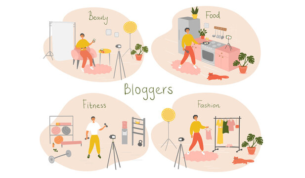 Set of male bloggers and vloggers characters making internet content. Men creating video for their blog channel. Influencers shooting vlog. Vector cartoon illustration