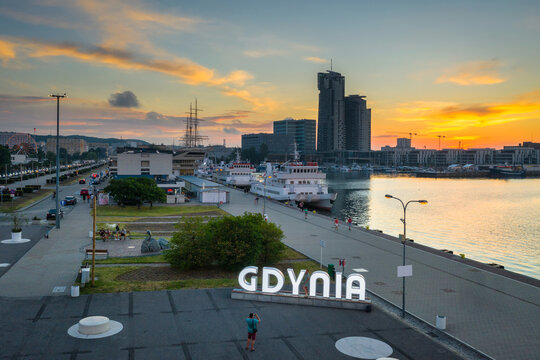 Aerial landscape of the harbor in Gdynia with modern architecture at sunset. Poland
