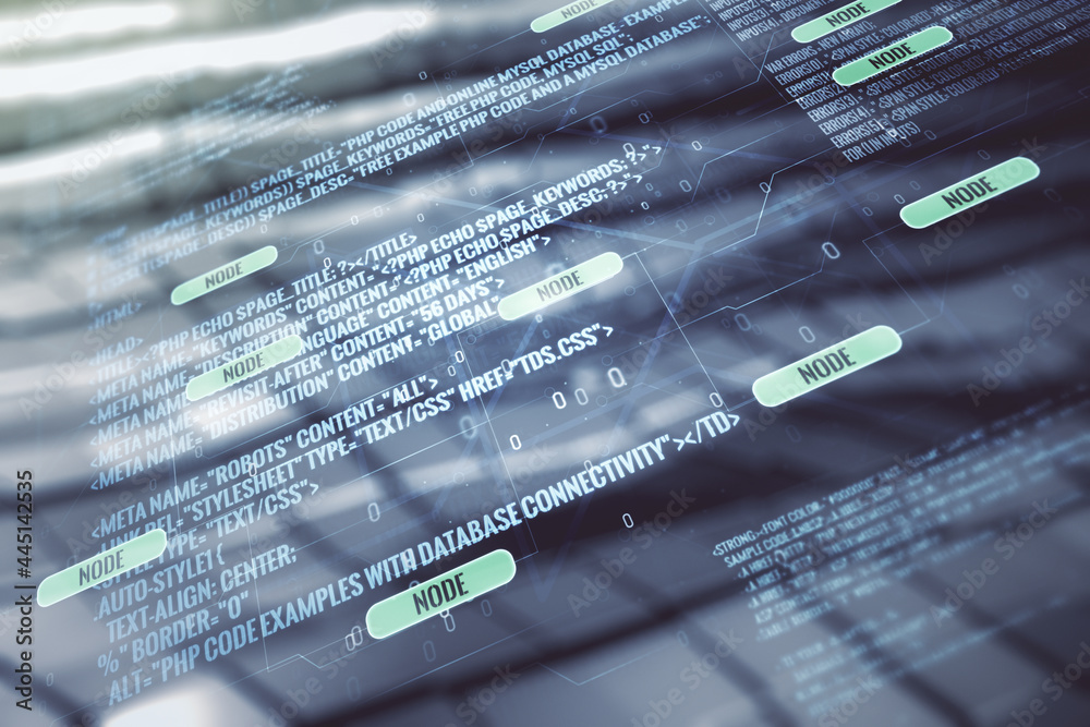 Poster multi exposure of abstract programming language hologram on shiny metal background, artificial intel