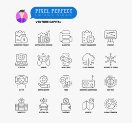 Venture capital thin line icons set. Investment project, capitalization increase, strategy, dividends, global expansion, high tech, cloud services. Pixel perfect, editable stroke. Vector illustration.