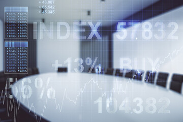 Abstract virtual financial graph hologram on a modern conference room background, forex and investment concept. Multiexposure