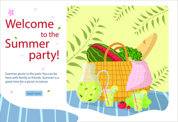 Summer family camp vacation. Picnic basket, baguette, lemonade jug, watermelon, and lemonade glass. Poster or banner. Vector illustration. Concept landing page, web page design for website