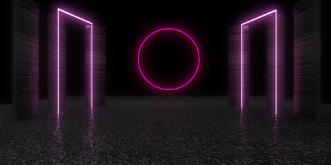 3D abstract background with neon lights. neon tunnel .space construction . .3d illustration