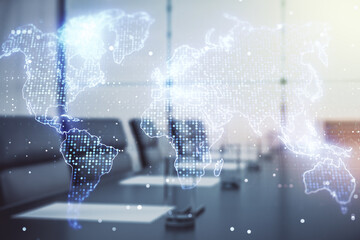 Multi exposure of abstract creative digital world map hologram on a modern conference room background, tourism and traveling concept