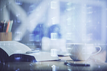 Multi exposure of technology theme drawing and desktop with coffee and items on table background. Concept of data research.