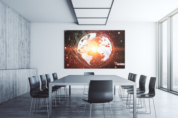 Abstract creative world map on presentation screen in a modern conference room, international trading concept. 3D Rendering