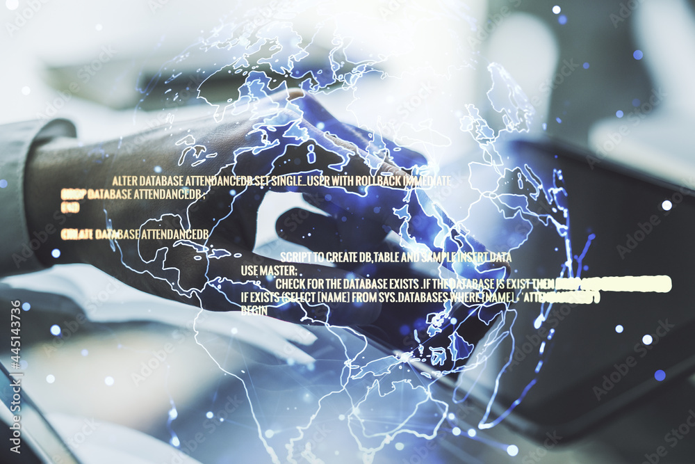Poster abstract creative coding concept with world map and finger clicks on a digital tablet on background.