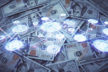 Multi exposure of social network drawing over us dollars bill background. Concept of people connection.