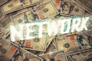 Double exposure of data theme drawing over us dollars bill background. Technology concept.