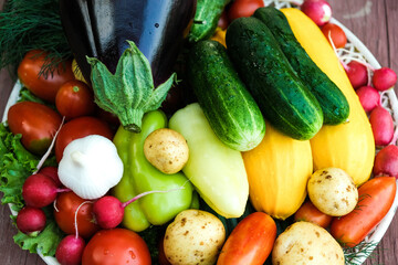 An assortment of fresh fruits and vegetables. Environmental products. A farm. Greens, tomatoes, eggplants, onions, garlic, cucumbers from the garden.