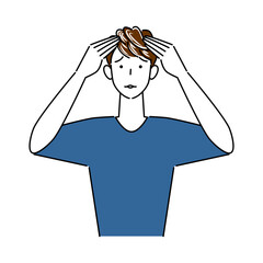 ヘアケア 頭頂部の薄毛と生え際の白髪が目立ってきて困り顔の可愛い男性 イラスト シンプル ベクター