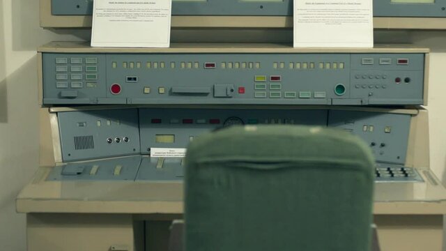 Military base bunker. Nuclear warhead control panel. Panel with sensors and buttons to launch a missile to destroy the enemy in wartime